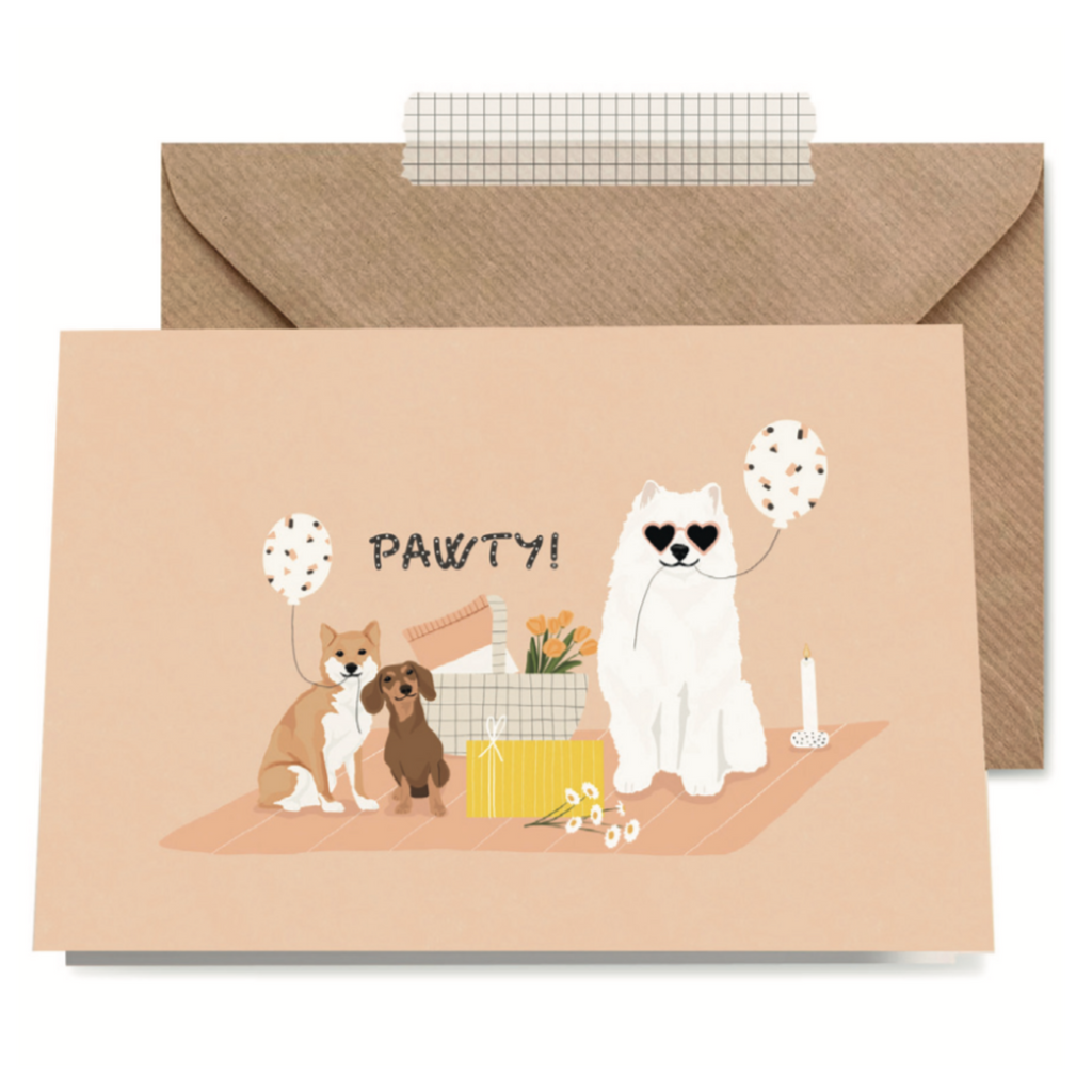Einladungskarte mit Hunden die eine Party feiern mit Luftballon und Geschenken 