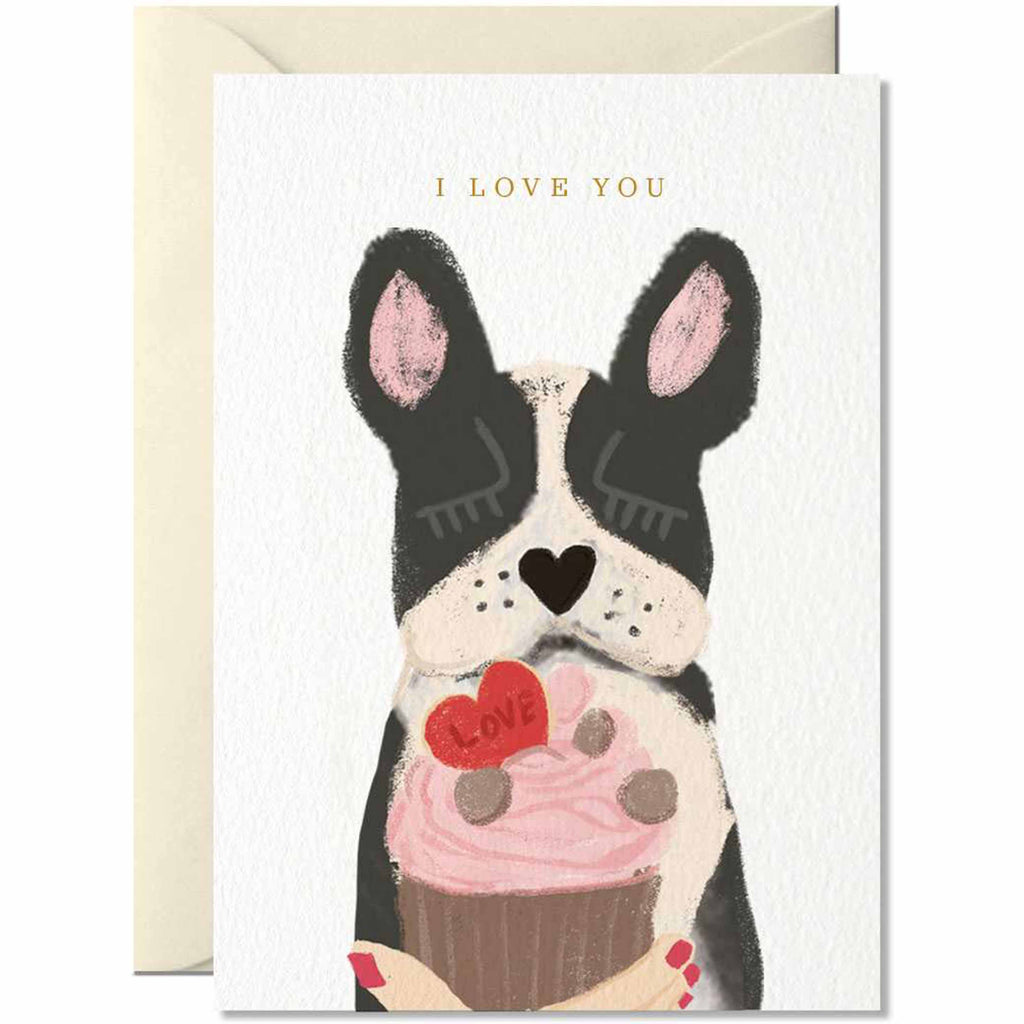 Van Muppen Grußkarte I Love You mit Franzöischer Bulldogge und einem Cupcake mit Herz 
