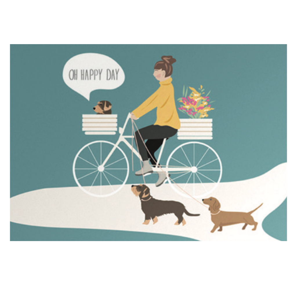 Postkarte mt Dackel und Fahrrad mit dem Spruch Happy Day 