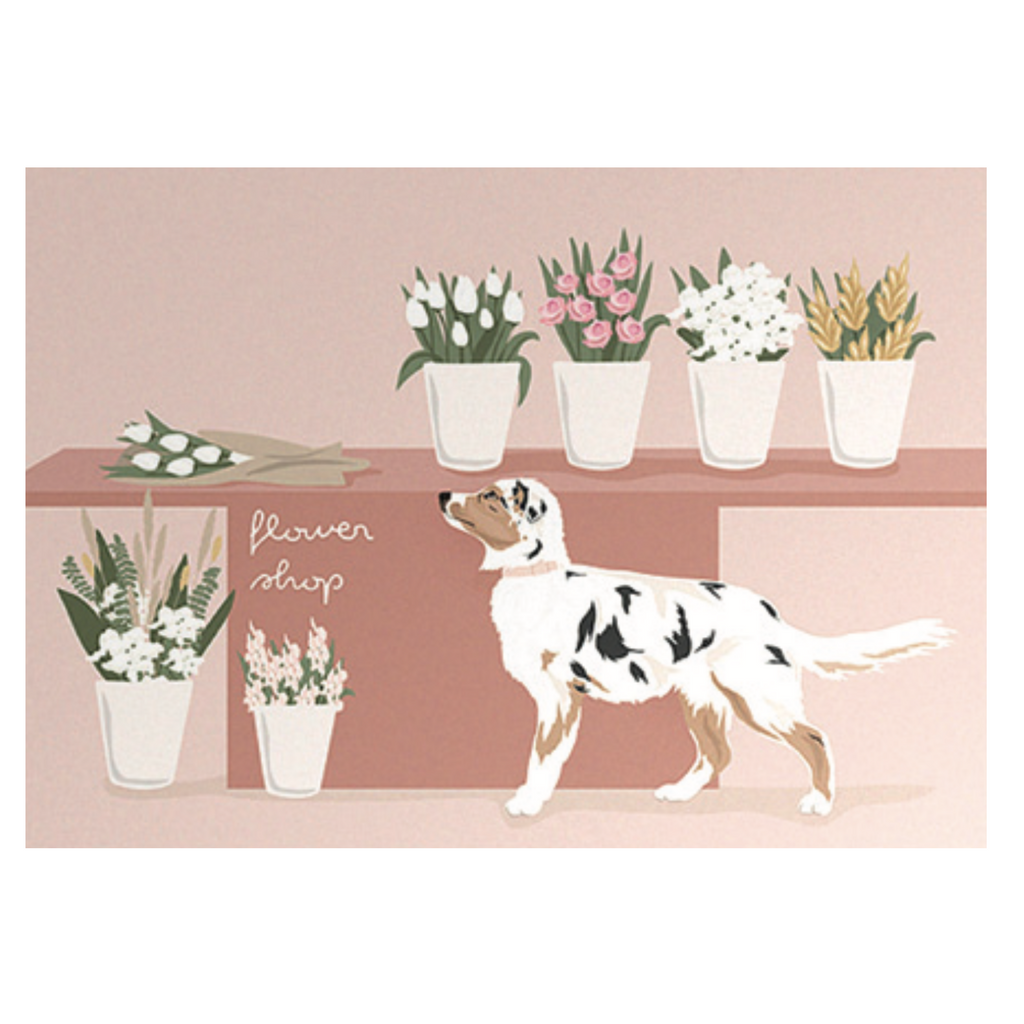 Postkarte mit Hundemotiv im Blumenladen Illustration 