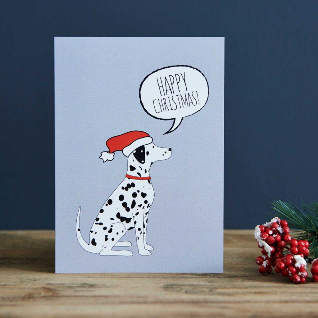 Graue Weihnachtskarte mit Dalmatiner Illustration und roter Weihnachtsmütze