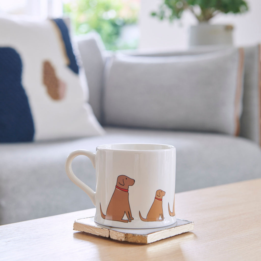 Tasse mit Fox Red Labrador Retriever beim Sofa 
