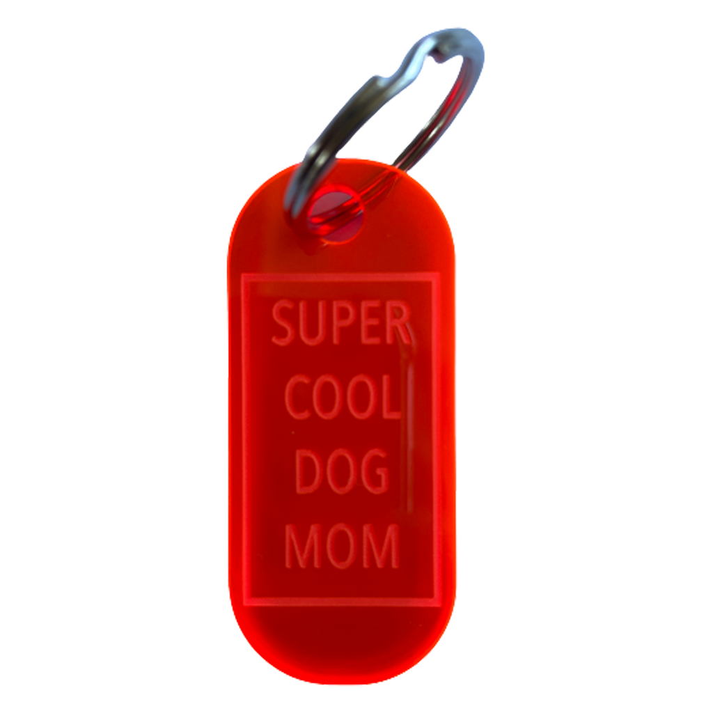 Scglüsselanhänger Van Muppen Gravur Super Cool Dog Mom Neon Orange Transparent aus Acryl Glas